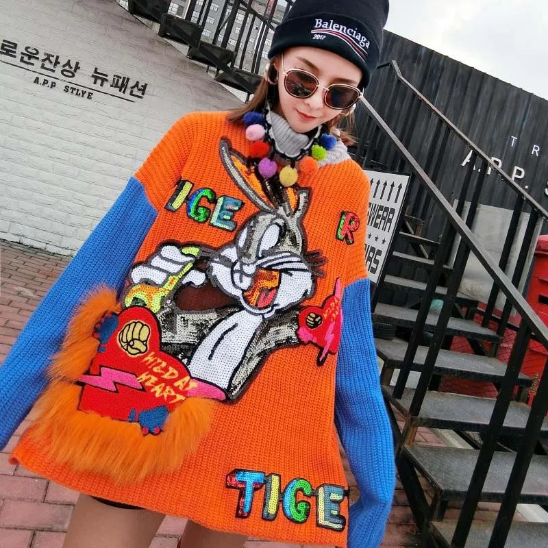 2018 Новый осень-зима Свитеры с высоким воротом мультфильм Блёстки Пуловеры для