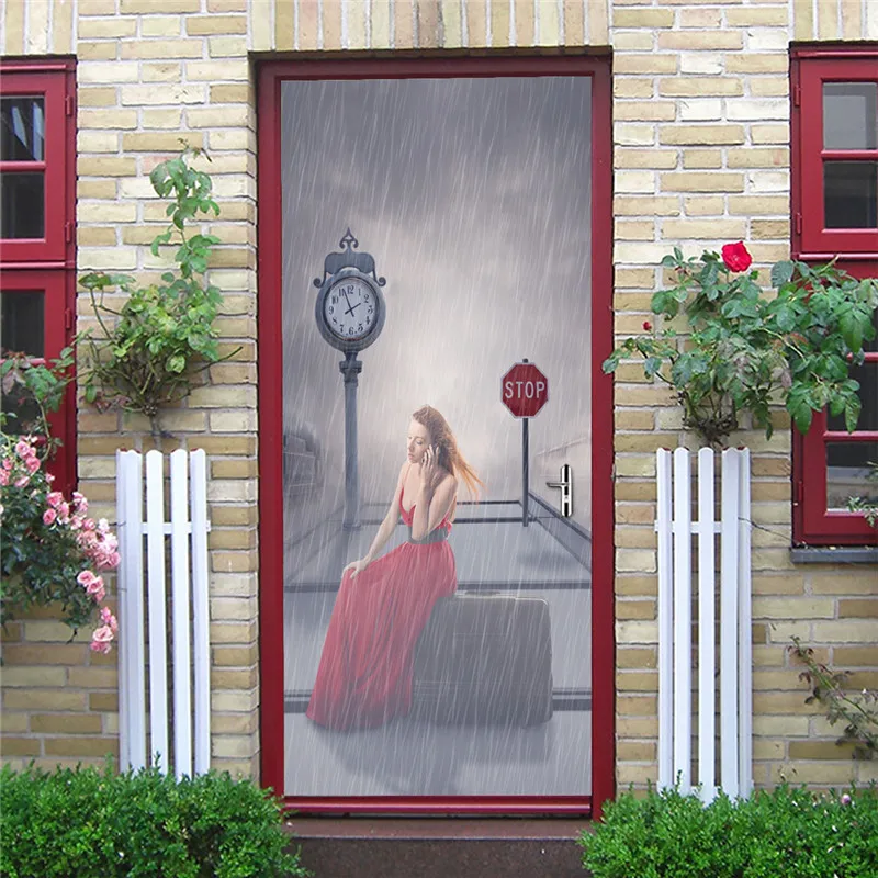 Removable Door Stickers Beautiful Woman In The Rain Waterproof Living Room Bathroom Wallpaper Self-adhesive Gate Art Mural | Дом и сад