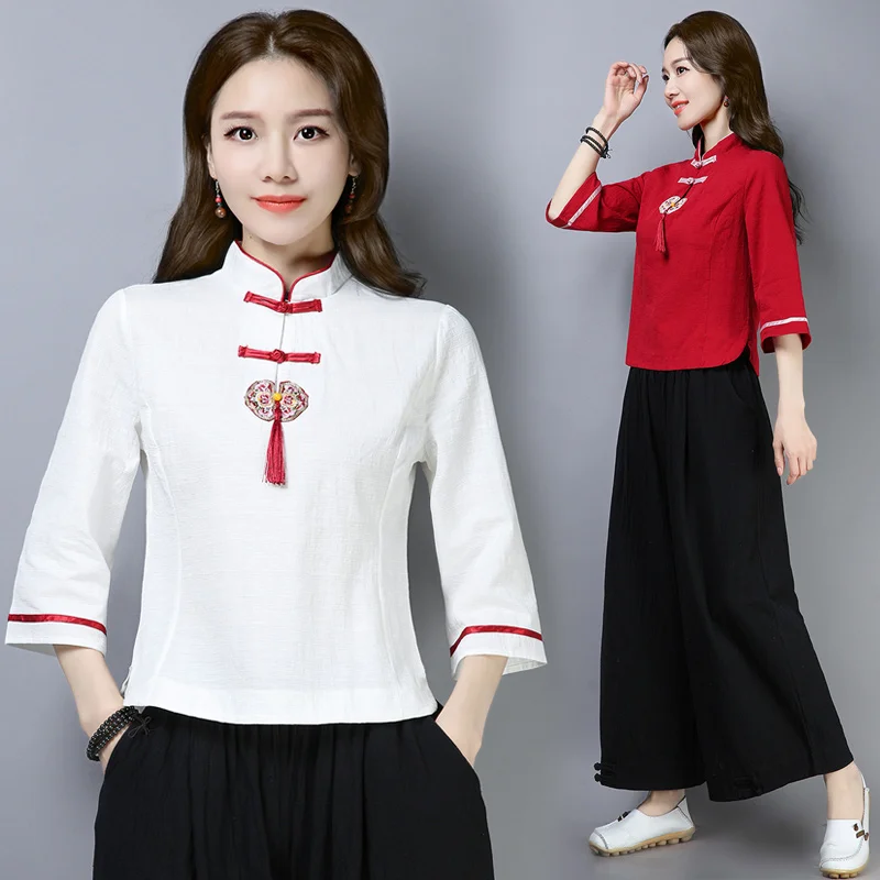 Женская одежда в китайском стиле Hanfu, весна-лето, Ретро стиль, винтажная рубашка, чайная Этническая красная белая блузка, Женские китайские Топы TA1362