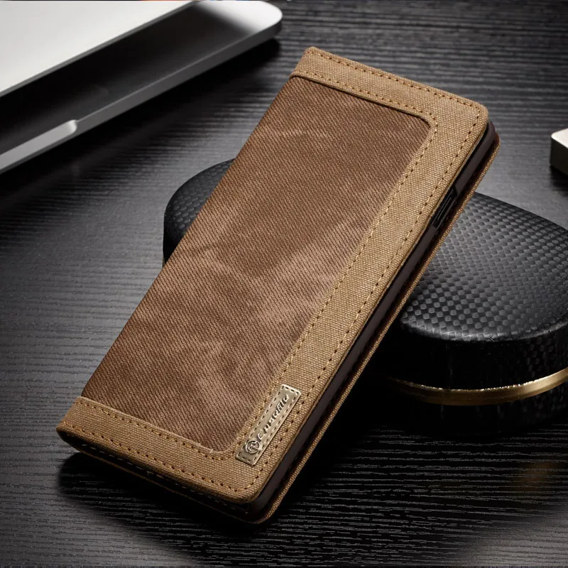 Brown Роскошный холст кожаный чехол-книжка с магнитной застежкой и Fundas для Samsung Galaxy S10 S9 S8 плюс S10e Note 8 9 Чехол-бумажник держатель для задней крышкой из поликарбоната - Цвет: Brown