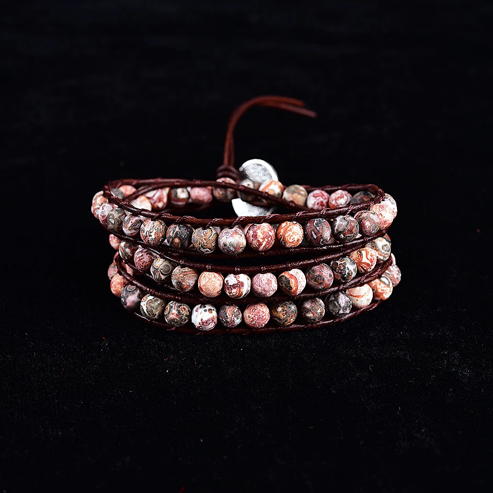 

Asingeloo Red Leopard Skin Stone Beads Unique Hobo 3 Strand Wraps Bracelets for Women Gift Jewelry