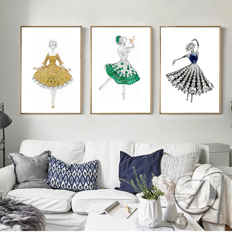 Unframed Nordic Canvas Painting Wall Art Watercolor Princess Modern Ballet Girl for Girls Kids Room wall picture poster | Дом и сад