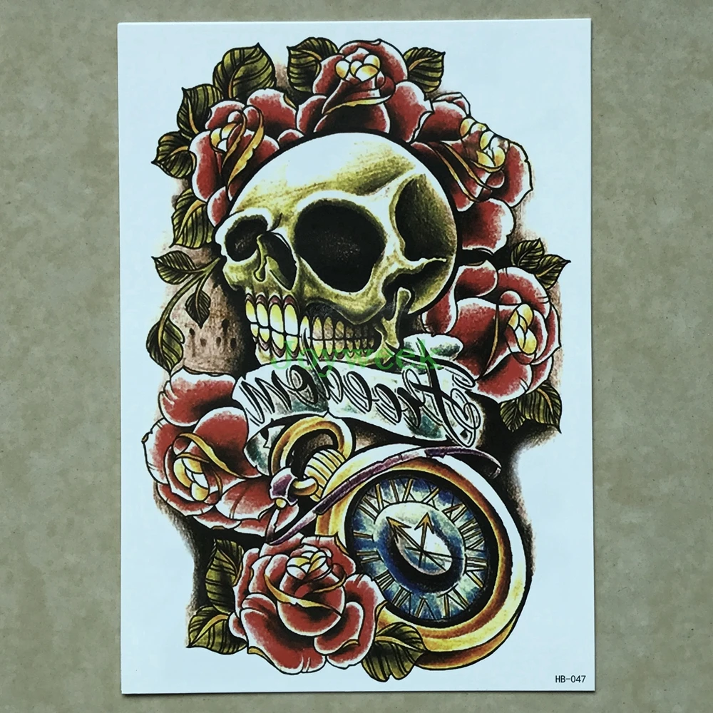 Водостойкая Временная тату-наклейка Череп часы роза тату наклейки флеш-тату