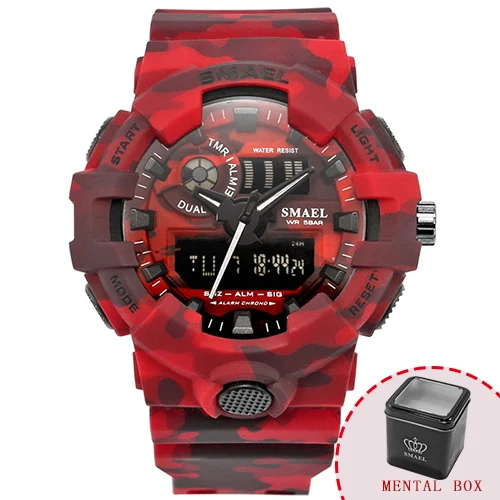 Red Box Новые камуфляжные часы с ремешком SMAEL Мужские Цифровые часы с большим циферблатом модные камуфляжные военные часы 8001 мужские армейские часы водонепроницаемые часы - Цвет: Red Box