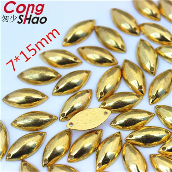 7x15mm Cong Shao 100Pcs 10mm Gold Color stones and crystal Acrylic Round rhinestone trim flatback sewing 2 Hole DIY Wedding Dress ZZ733 - Цвет: 7x15mm