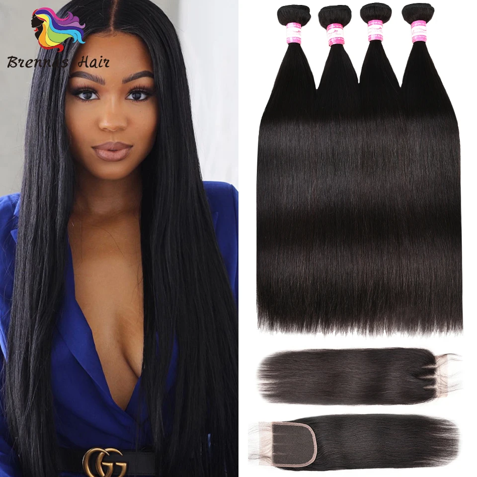 Индийские прямые человеческие волосы пучки с закрытием шнурка 5 шт./партия remy