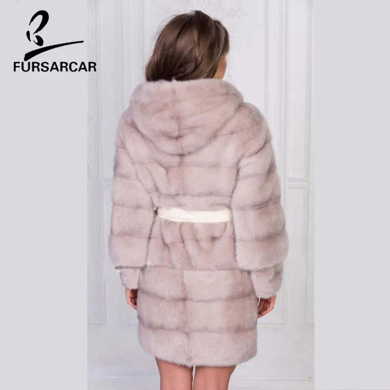 Женское пальто с натуральным мехом норки FURSARCAR однотонное плотное средней длины