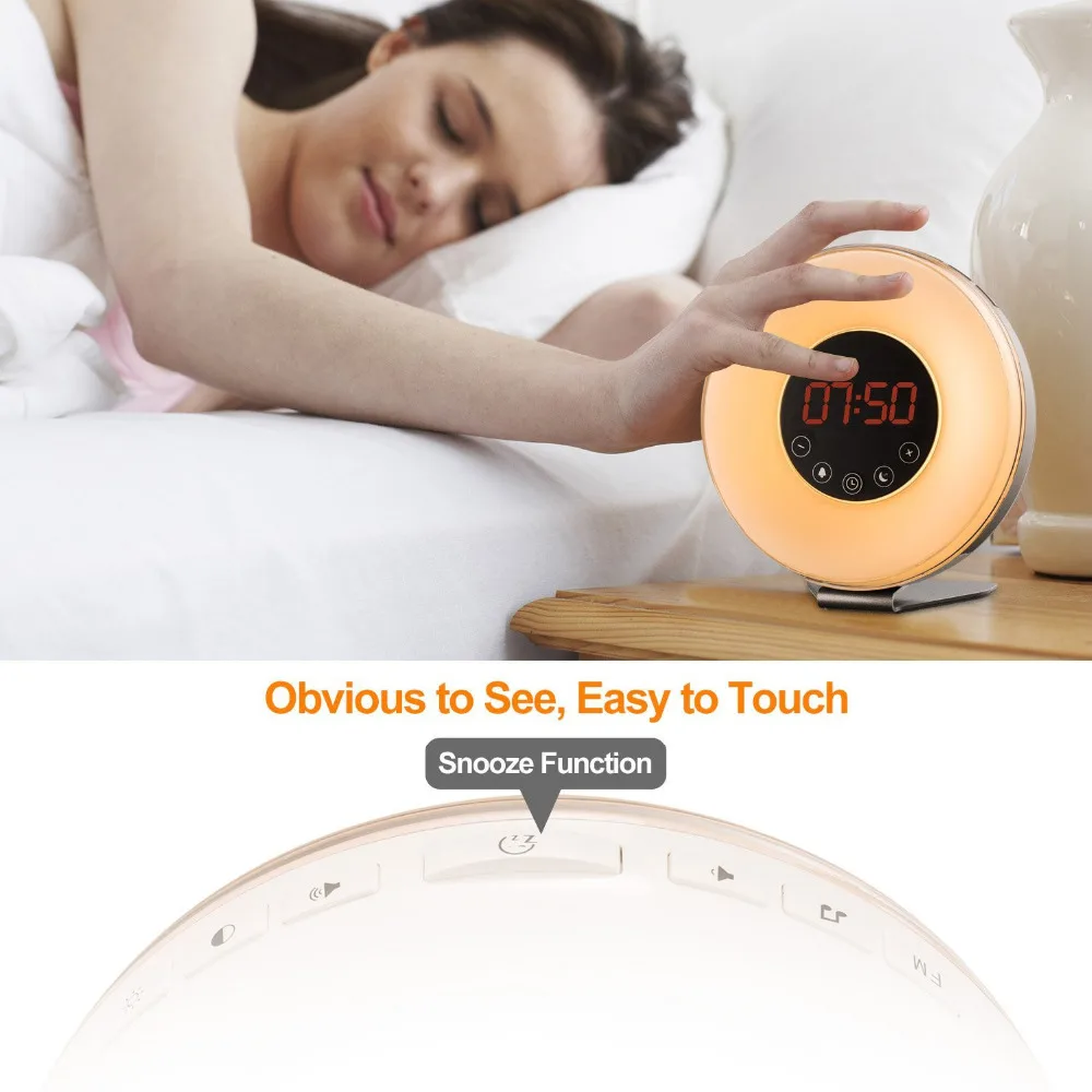Светодиодный цифровой будильник восхода моделирования Wake Up Light fm Радио сенсорный
