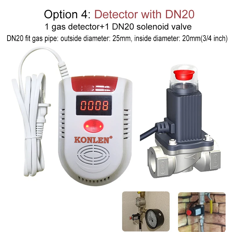 Detector with DN20 Природный газ LPG датчик утечки детектор с электромагнитным клапаном трубопровода Утечки метана цифровой светодиодный сигнал безопасности 12 в беспроводной 433 МГц - Цвет: Detector with DN20