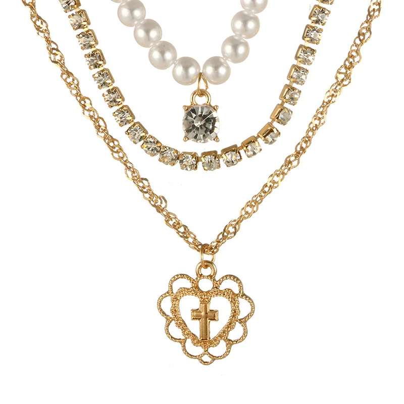 New Fashion Simulated Pearl Necklace Gold Chain Inlay Rhinestone Heart Pendant Clavicle Multilayer Necklaces Female Choker | Украшения и