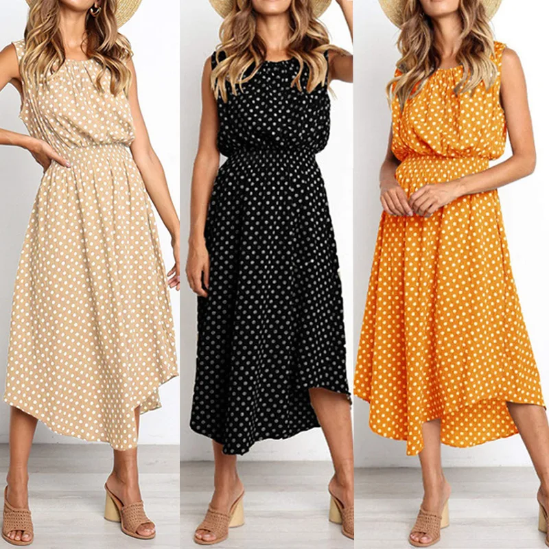 

Slim One-Piece Dress 2019 New Fashion Summer Mid-Long Style Dot Dress Woman Sleeveless Irregular Casual One Piece Vestidos Dress