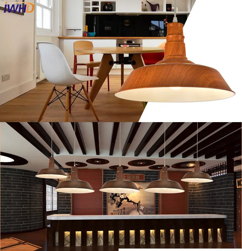 

IWHD Modern Pendant Lights Nordic Style Luminaire Hanging Lamp Vintage Pendant Lamps Rustic Wood Light Aluminium Lampshade