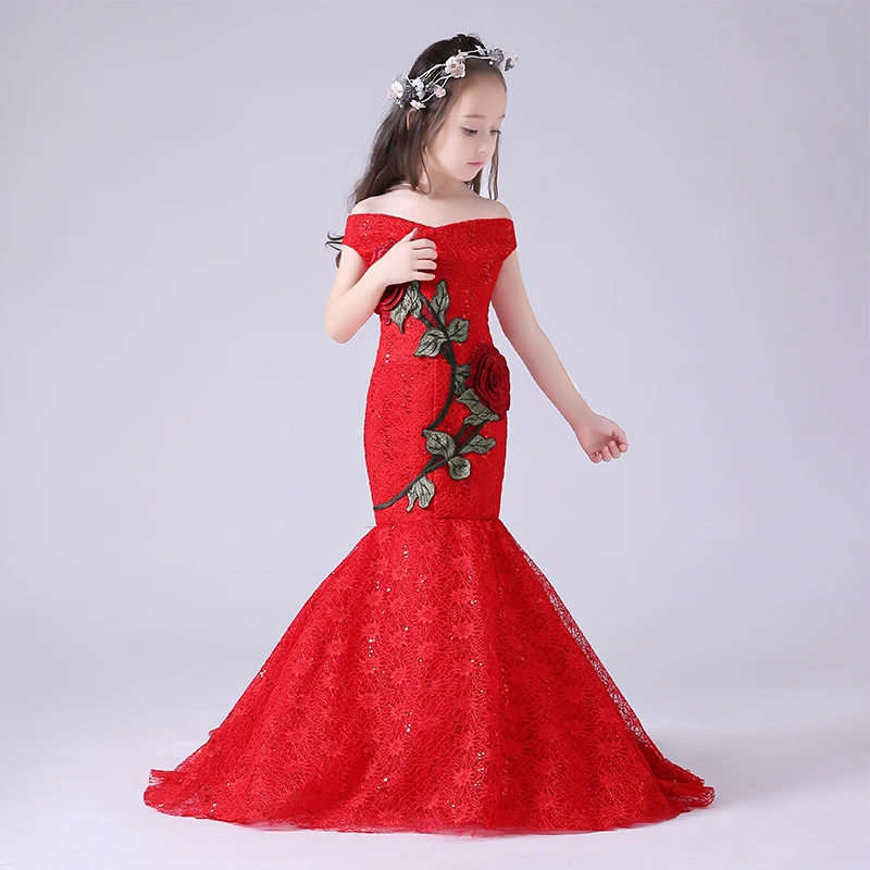 

Red Embroidery Mermaid Kids Girl Dress Trails Flower Girls Dress Shoulderless Party Gown Kids Pageant Dresses A119