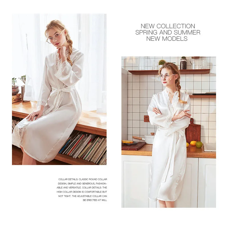 Women pajamas Lace Female Robe Silk Kimono Bathrobe 2019 Spring Summer Sweet Elegant Bride Robes Satin Dress | Женская одежда