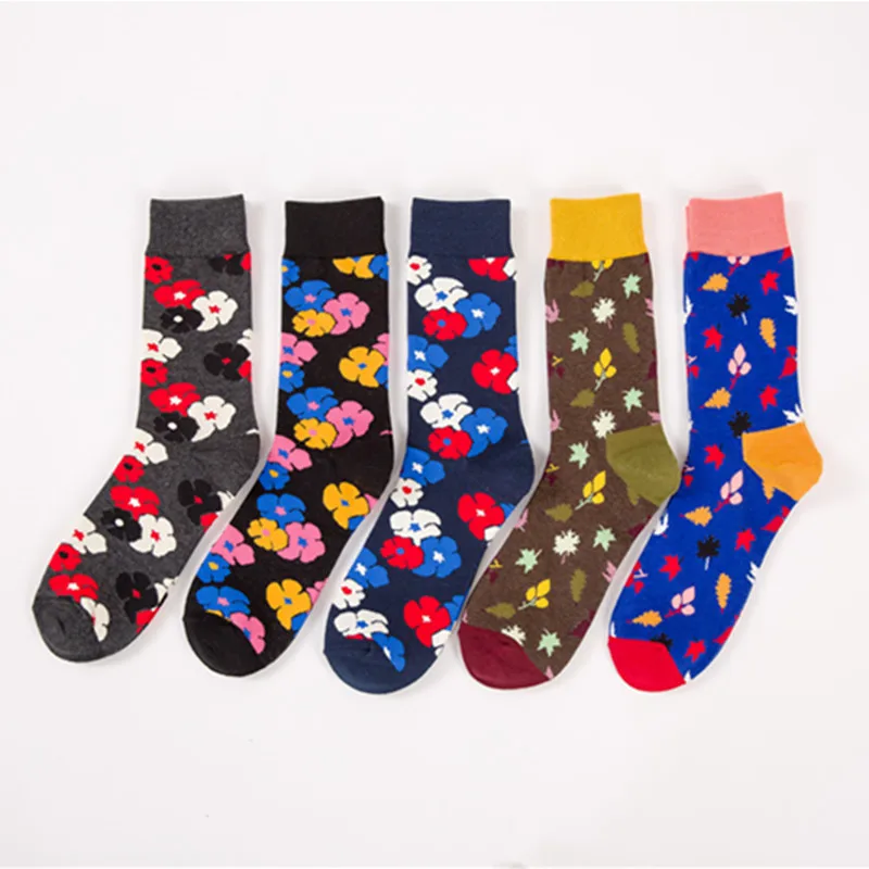 

PEONFLY 5pairs/lotFashion Colorful Socks Men Flower optic combed Cotton Male Sock wedding gift