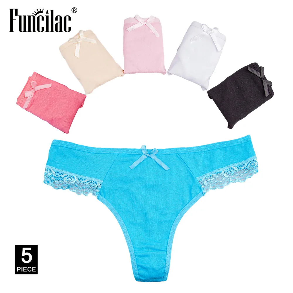 FUNCILAC пикантные Для женщин прозрачные стринги Трусы-стринги для Для женщин кружева нижнее белье сплошной цвет интимное белье 5 шт./компл - Цвет: 5FC7319-5 pcs