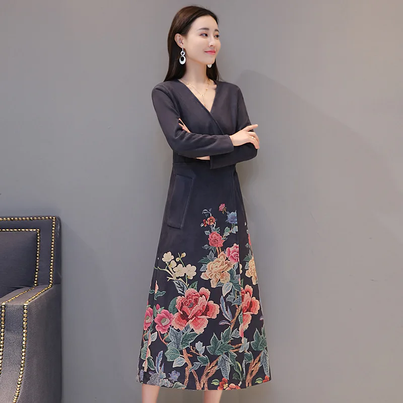 

Women Dress Spring New Slim Waist Floral Print Vintage Casual Long Female Dresses Vistido Mujer Wl1002