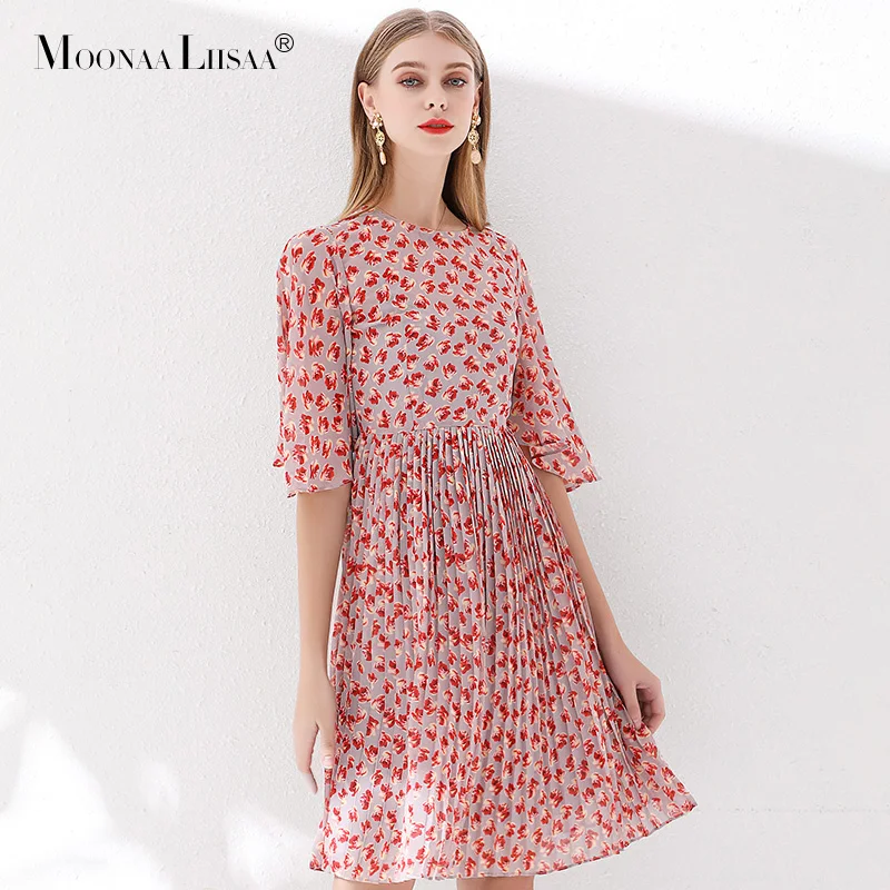 Летнее женское платье 2019 плиссированное модное элегантное с круглым воротником