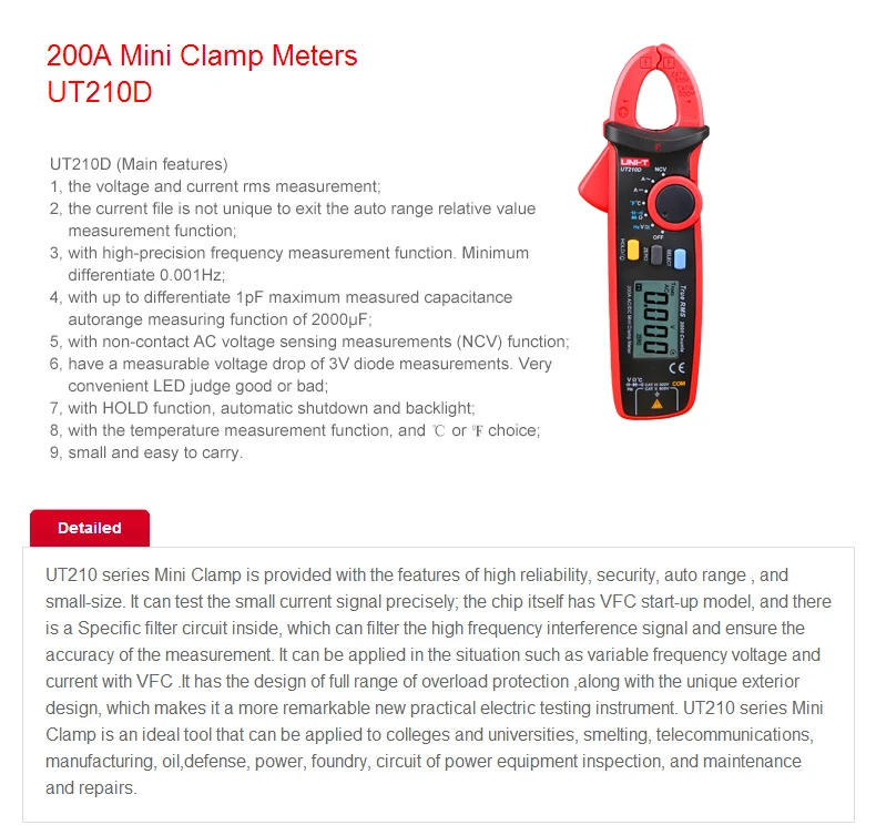 UNI-T UT210 серия True RMS цифровой клещи Мини AC/DC Ток Напряжение Авто Диапазон VFC емкость Бесконтактный мультиметр