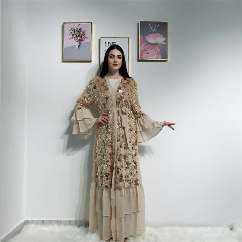 Мода Дубай блёстки Абая для женщин роскошное мусульманское Макси caftan открытое переднее арабское турецкое исламское платье Абая Дамская одежда