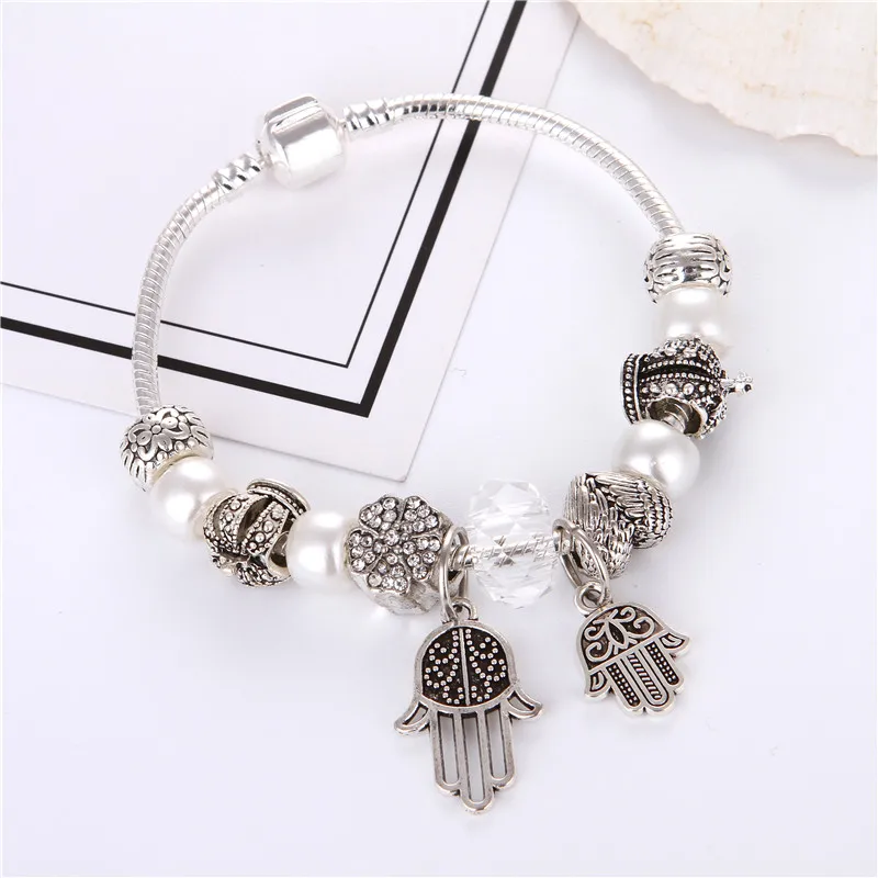 Европейский Винтажный посеребренный белый имитация жемчуга/Кристальный кулон