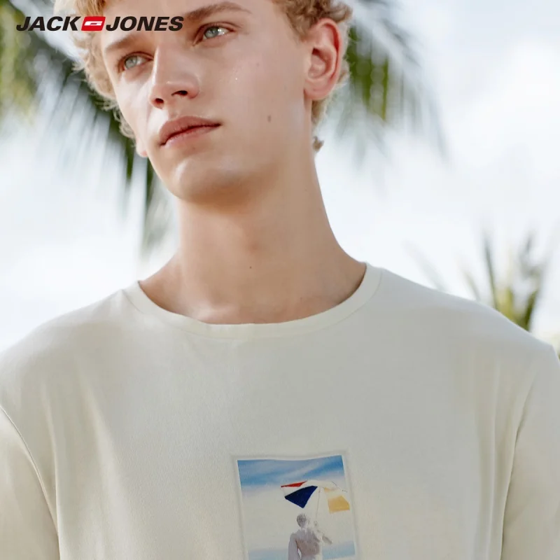 Мужская футболка с принтом JackJones из 100% хлопка в пляжном стиле Menswear 219101527|Мужские