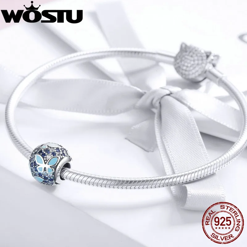 WOSTU Аутентичные 925 пробы Серебристые Синие Бабочки Шарм шарик для оригинального DIY браслет серебряные ювелирные изделия изготовление подарок CQC931