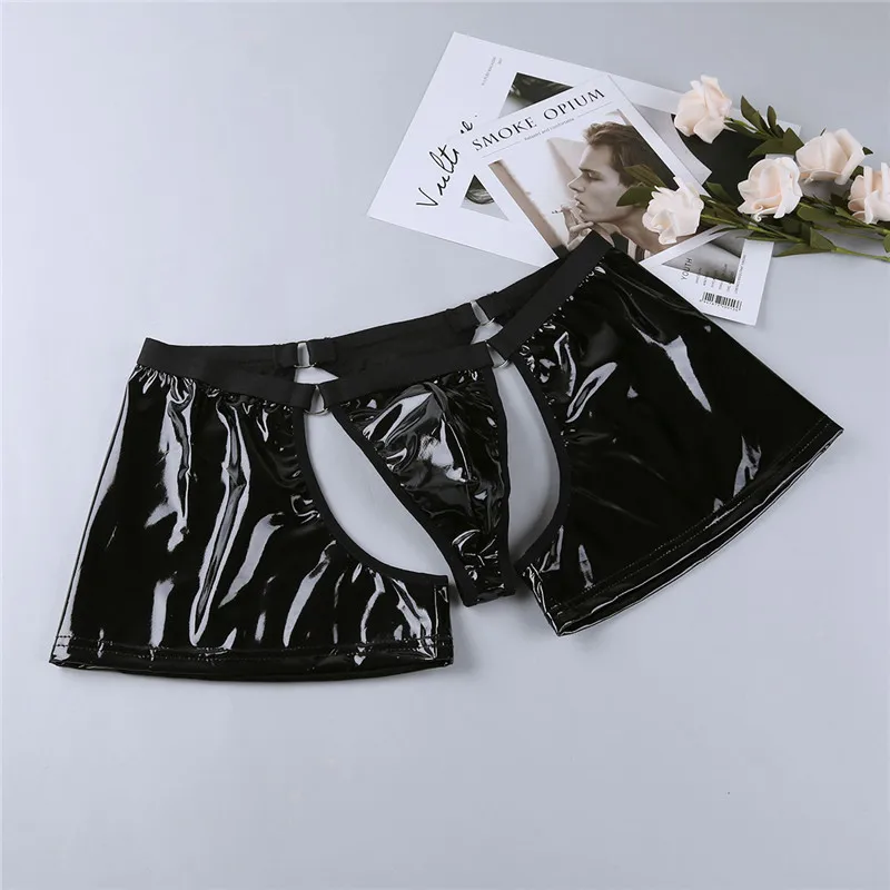 TiaoBug Мужское нижнее белье, черное, Wetlook, искусственная кожа, низкая посадка, полый, сексуальный, для геев, с мешочком, боксеры, шорты, горячее, мужское, с круглым вырезом, бандаж, нижнее белье