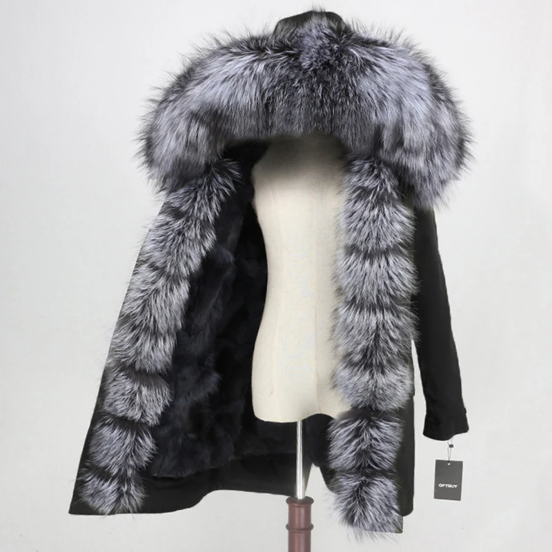 black grey silver OFTBUY, водонепроницаемая парка, Длинные парки, натуральный Лисий мех, худи, натуральный Лисий мех, подкладка, зимняя куртка для женщин, Съемная куртка, уличная одежда, новинка - Цвет: black grey silver