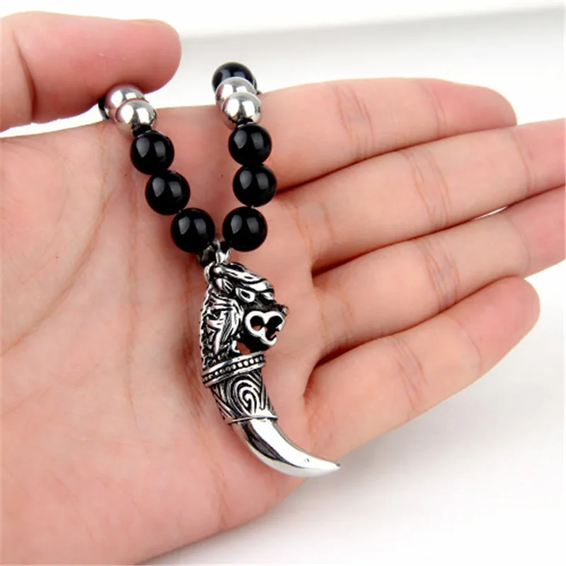 Панк готический зуб волка из нержавеющей стали Подвески 8 мм черные каменные бусы