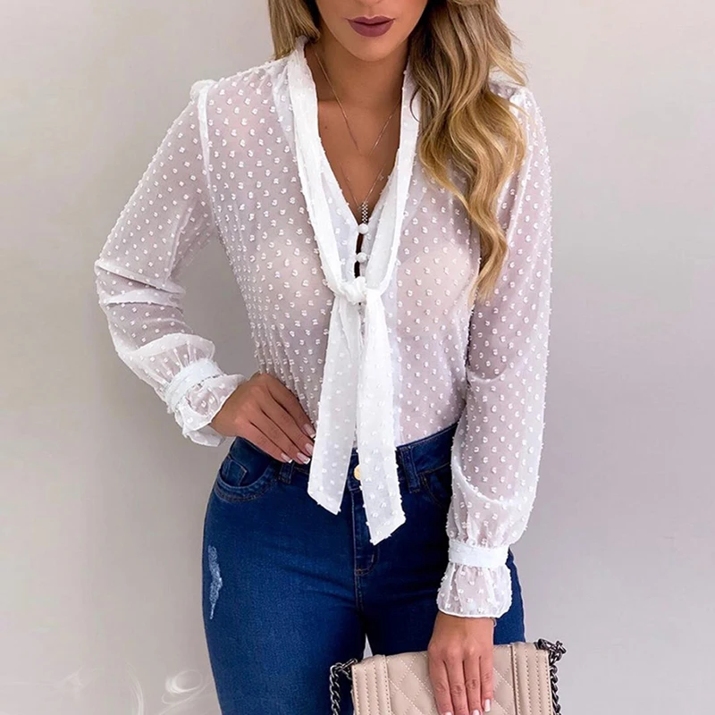 Рубашка с длинными рукавами и пуговицами в горошек лето 2019 Женская деловая