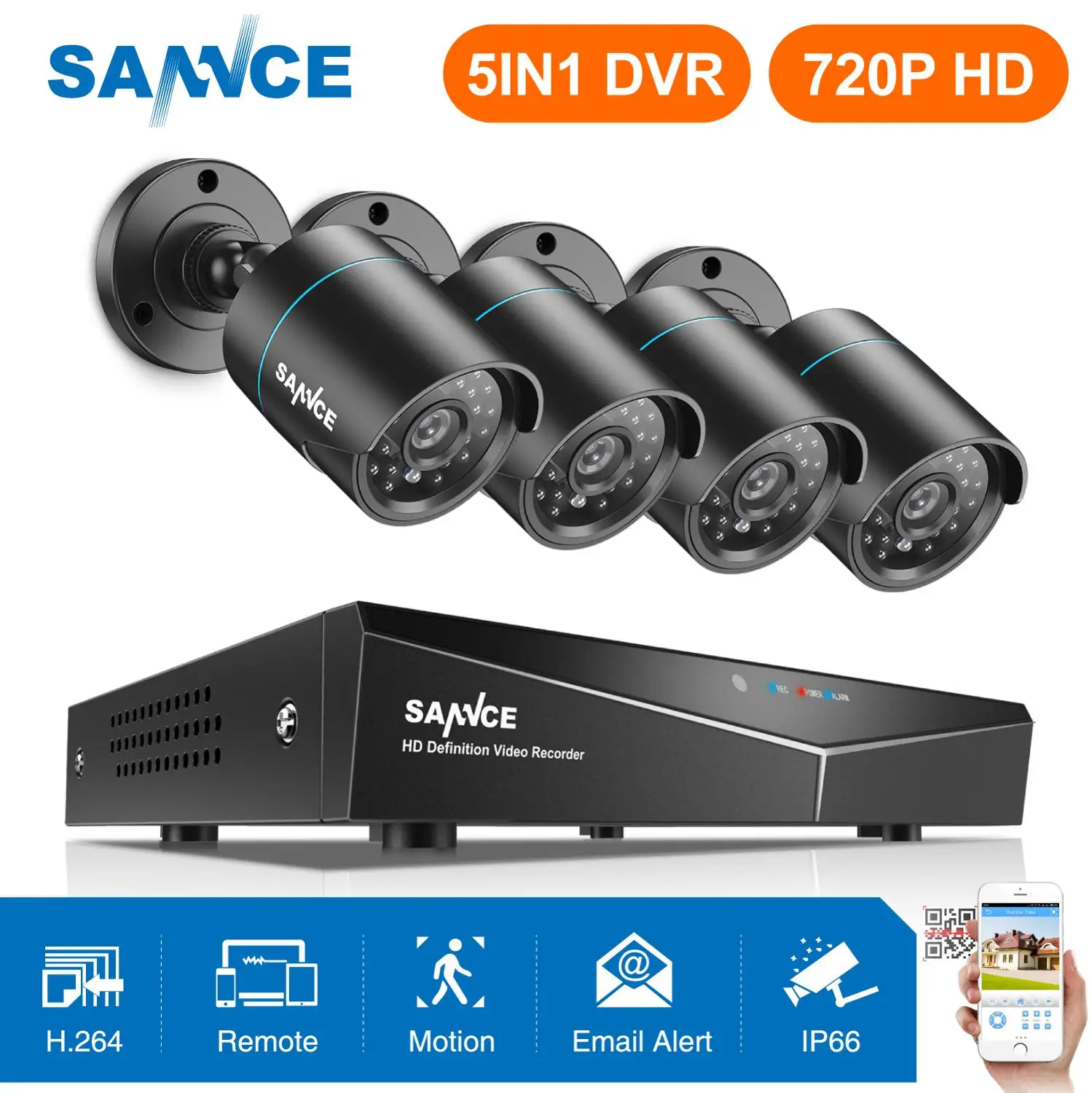 SANNCE 4CH HD 720P Секьюрити видео система 5в1 DVR с 4 шт. 1280TVL TVI Smart IR внешнаа водозащитная