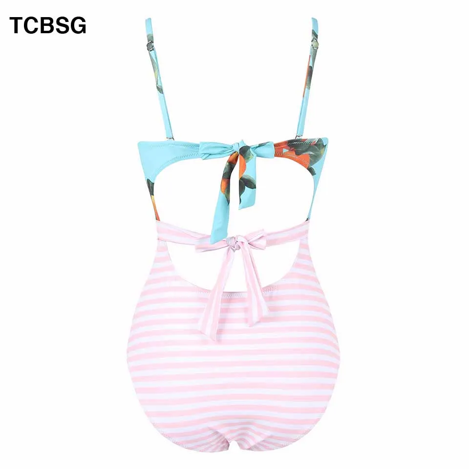 TCBSG One Piece Swimsuit 2019 Sexy Women Bodysuit Striped Bathing Swim Vintage Summer Beach Wear Print Bandage Monokini | Спорт и
