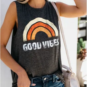 Жилет женский с круглым вырезом, повседневный топ с надписью GOOD VIBES, эстетичная одежда, популярная безрукавка с графическим принтом в стиле Харадзюку