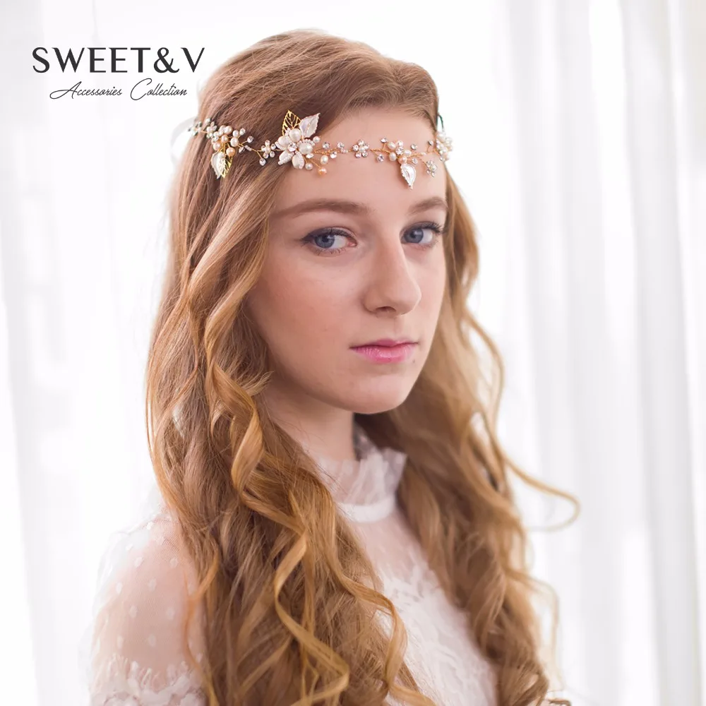 Светло-золотые богемный оголовье корона ручной работы с жемчугом и стразами