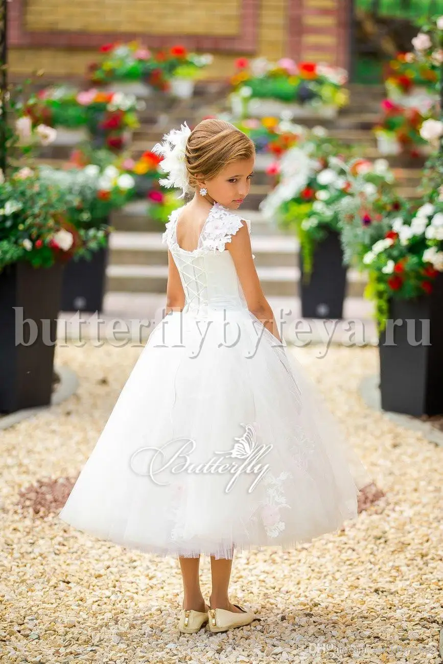 White High Neckline Tea Length Ball Gown Cape Sleeves Lace 2017 Floral Flower Girl Dresses Beaded Vintage Pink 3D Flowers | Свадьбы и