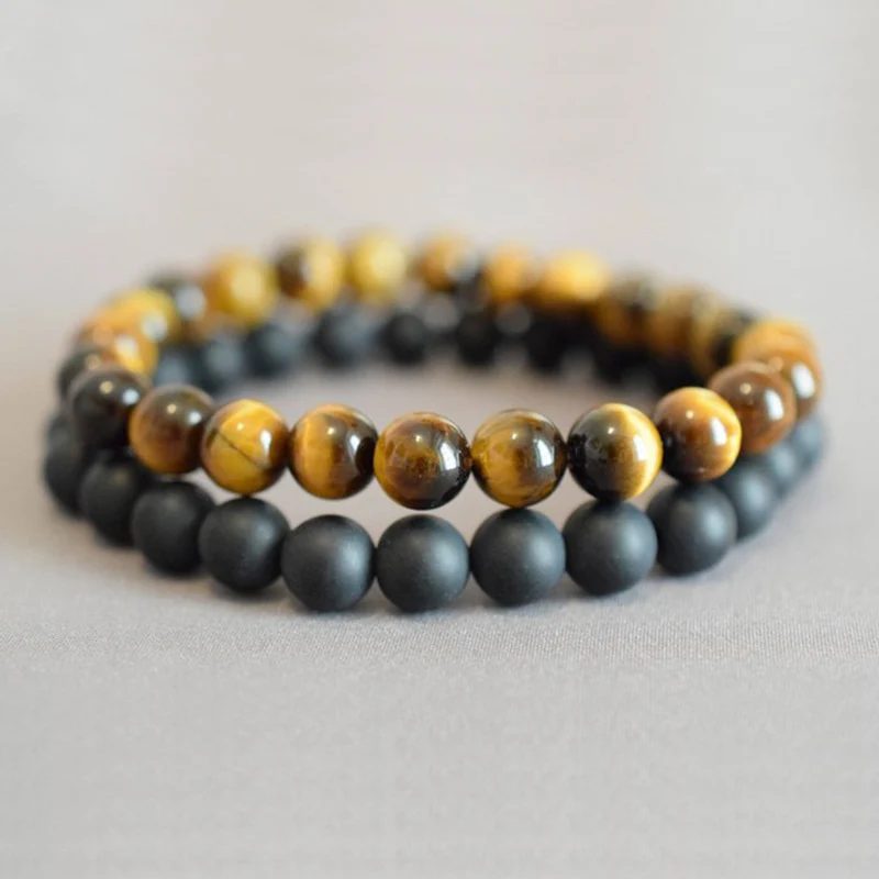 

Set Of 2 Bracelet 8mm Matte Onyx & Tiger Eye Beaded Mala Bracelet Mens Stacking Bracelets Yoga Gift For Boyfriend