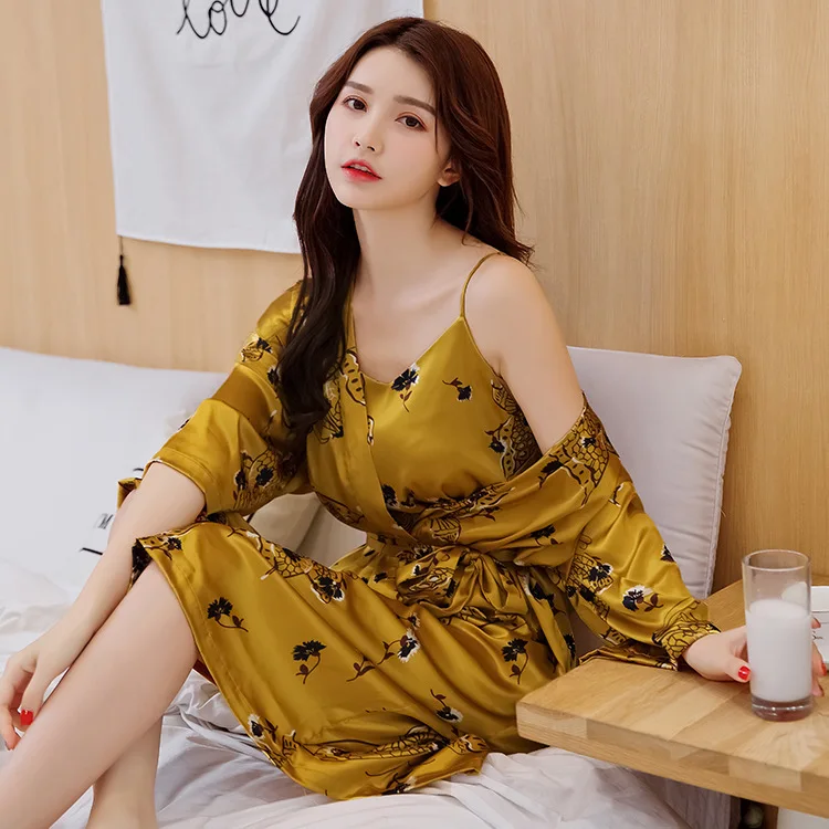 Японский женский Шелковый комплект ночного платья женское мини платье с длинным