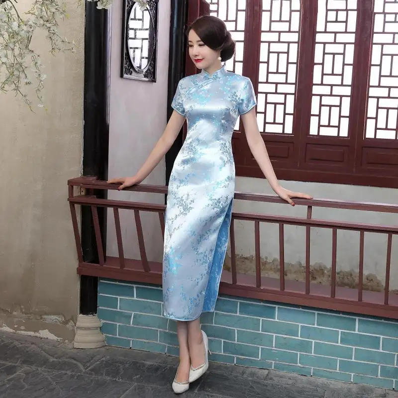 15 цветов китайское традиционное платье женское шелковое атласное Cheongsam с коротким рукавом длинное платье Qipao цветочный принт раскол свадебное платье