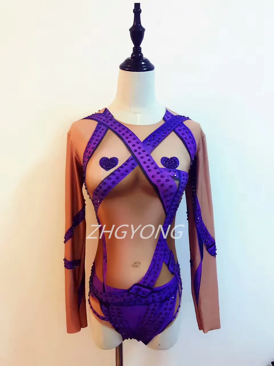 Purple leotard bodysuit Bright Crystals female sexy costumes Bar DJ DS performance Costume Nightclub Pole dancing stage clothing
