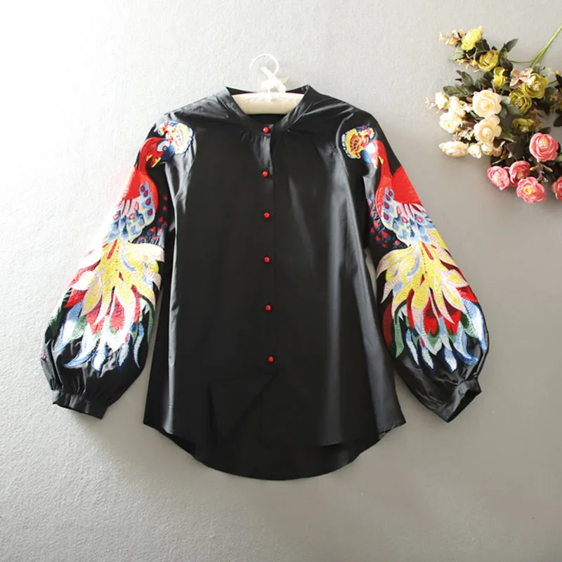 Spring and Summer Cotton Causal Shirts Embroidered Long-sleeved Shirts Woman Full Button Print O-Neck lantern Sleeve Tops