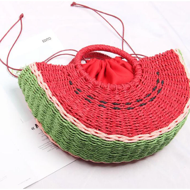 Handwoven Прекрасный Арбуз Соломенная пляжная сумка-тоут тканые круглые ручкой