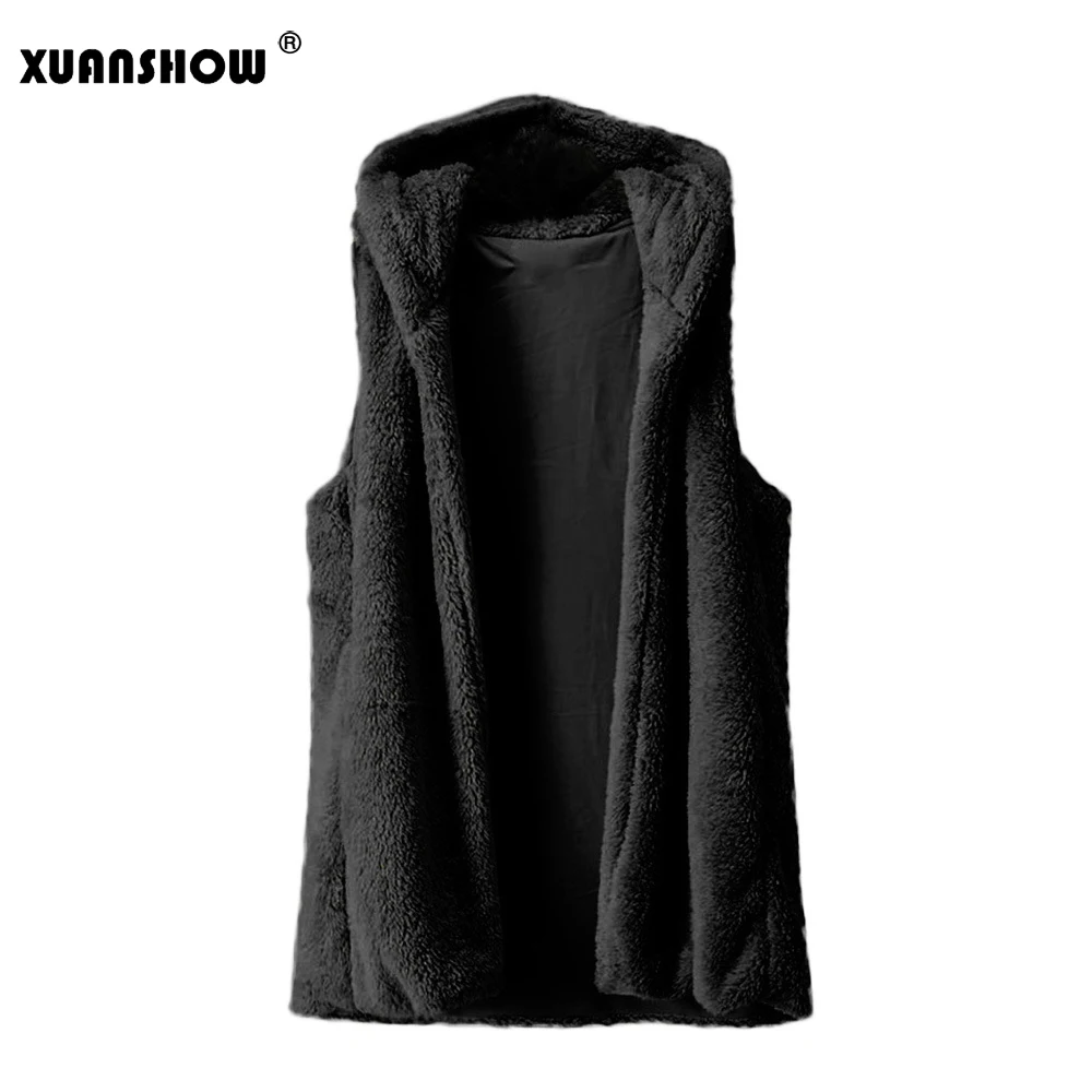 XUANSHOW Chaleco Mujer, новинка, зимняя рубашка без рукавов, открытая стежка, с капюшоном, однотонная, плюшевая, сохраняющая тепло, женский жилет с шапочкой - Цвет: Black