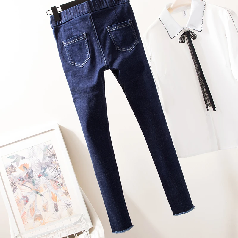 Большие размеры джинсы для женщин с кисточками средняя талия эластичные узкие