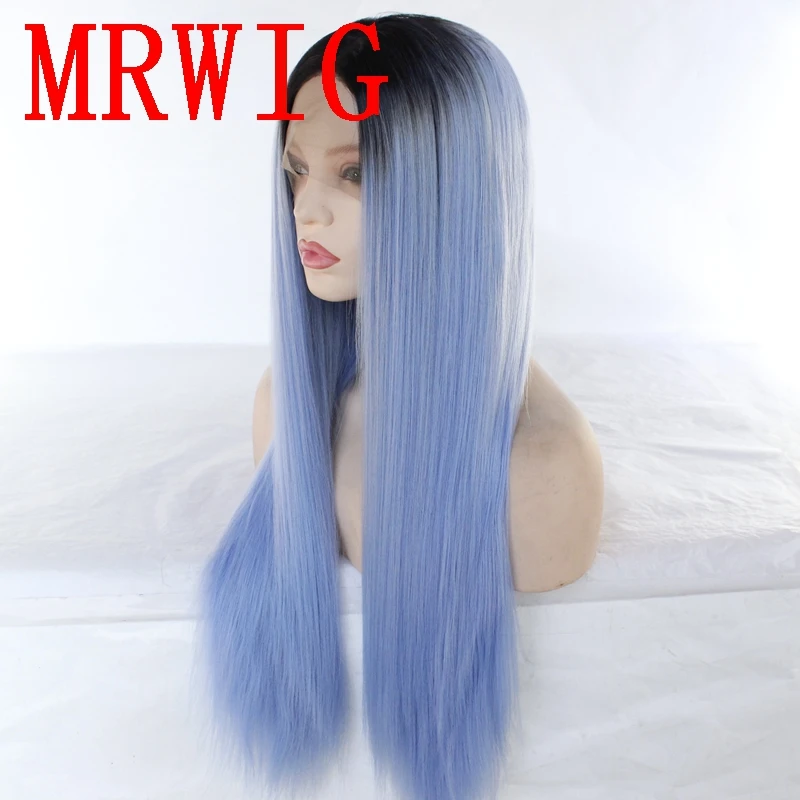 MRWIG 26in 150% Плотность средняя часть Омбре синий два тона Синтетический прямой парик