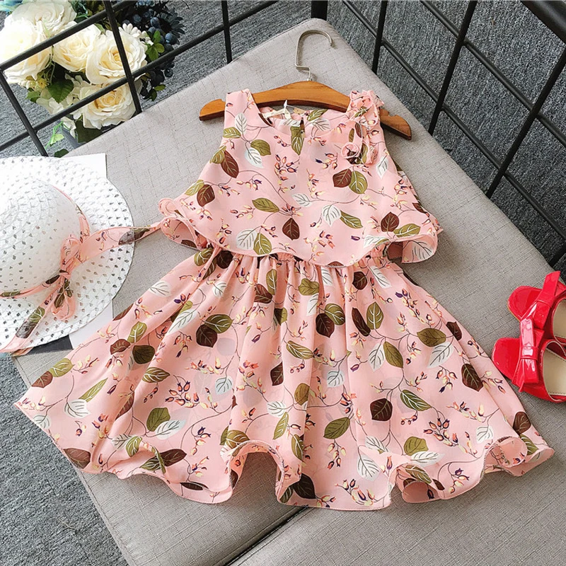 Girls Dresses 2018 Summer New Children's Clothing Fashion Sweet Double-Layer Printed Chiffon Vest Dress + Hat | Детская одежда и