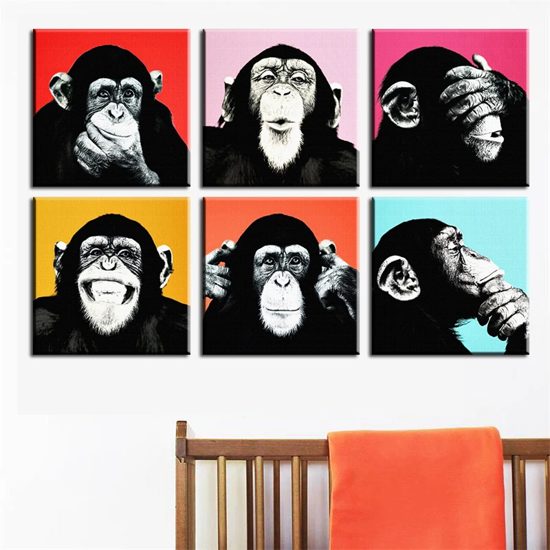 6 шт. Andywarol обезьяна настенная живопись Печать на холсте для домашнего декора идеи