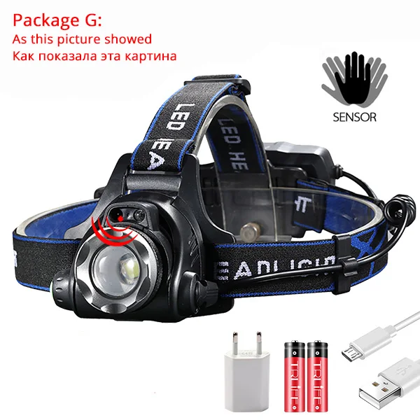 Package G 2000LM ИК-датчик светодиодный налобный фонарь для рыбалки V6/L2/T6 Водонепроницаемый налобный фонарь с масштабируемым налобным фонариком с батареей 18650 - Испускаемый цвет: Package G