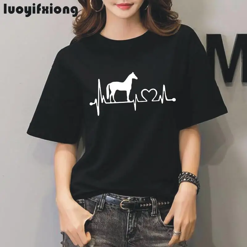 Мода лошадь сердцебиение линия печати женская футболка с длинным рукавом Лето