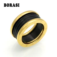 new fashion jewelry top quality lovers luxury brands rings 11mm wedding black stainless steel solid ring for men and women party